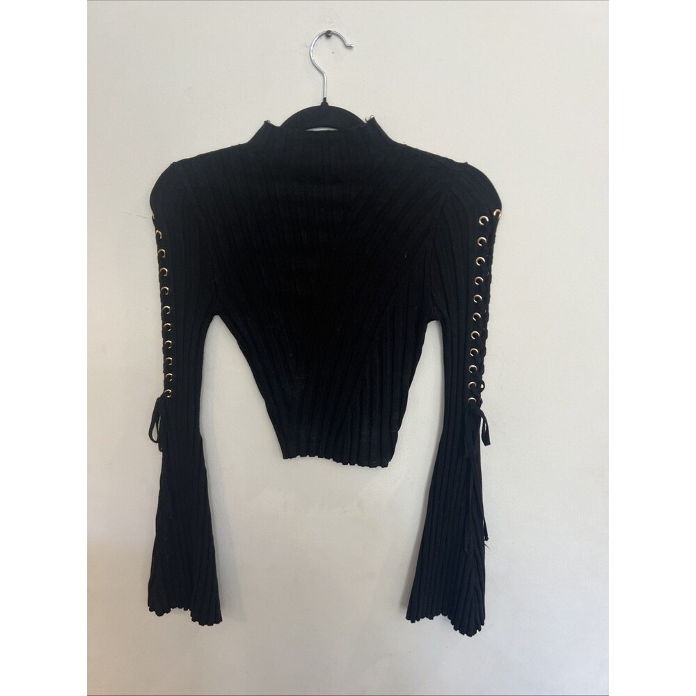 Flared Laced Sleeve Crop Top Black Sm Fairygoth Grunge Y2K City